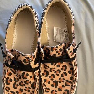 Hey Dude Tan and Black Loafers with Leopard Print